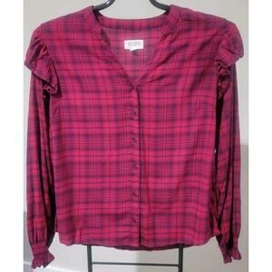 Candace Cameron Size S Purple Plaid Ruffle Top A610791 NWOT
